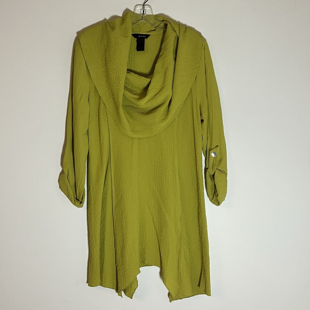 Ali Miles Top Womens Medium Green Cowl Neck Button Sleeve Textured Lagenlook Art